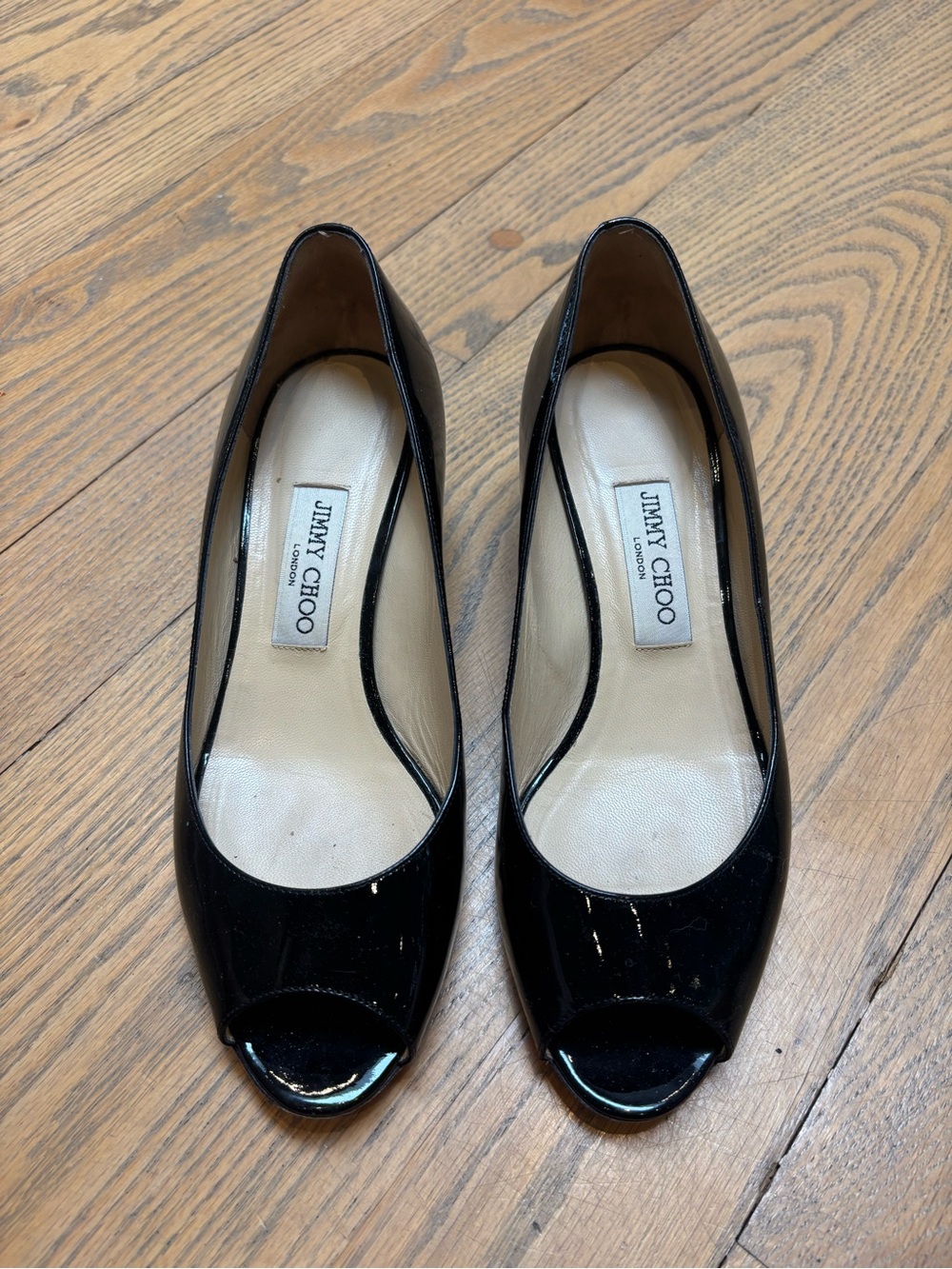 Jimmy Choo Black Patent Peep-Toe wedge heels 40